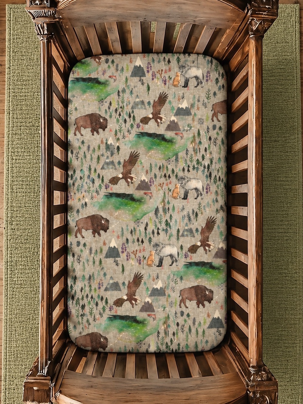 Crib sheet and changing pad cover- Handmade. Fabric is Song of the Yukon